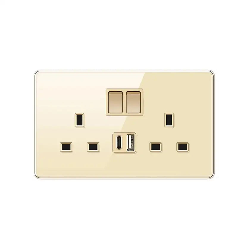 Luxury All Tempered Glass Wall Lamp Switch Button Golden UK Plug 13A Universal Wall Socket with Usb ,220V2gang2way Dimmer Switch 2gang13A C
