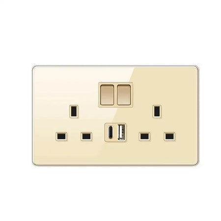 Luxury All Tempered Glass Wall Lamp Switch Button Golden UK Plug 13A Universal Wall Socket with Usb ,220V2gang2way Dimmer Switch 2gang13A C