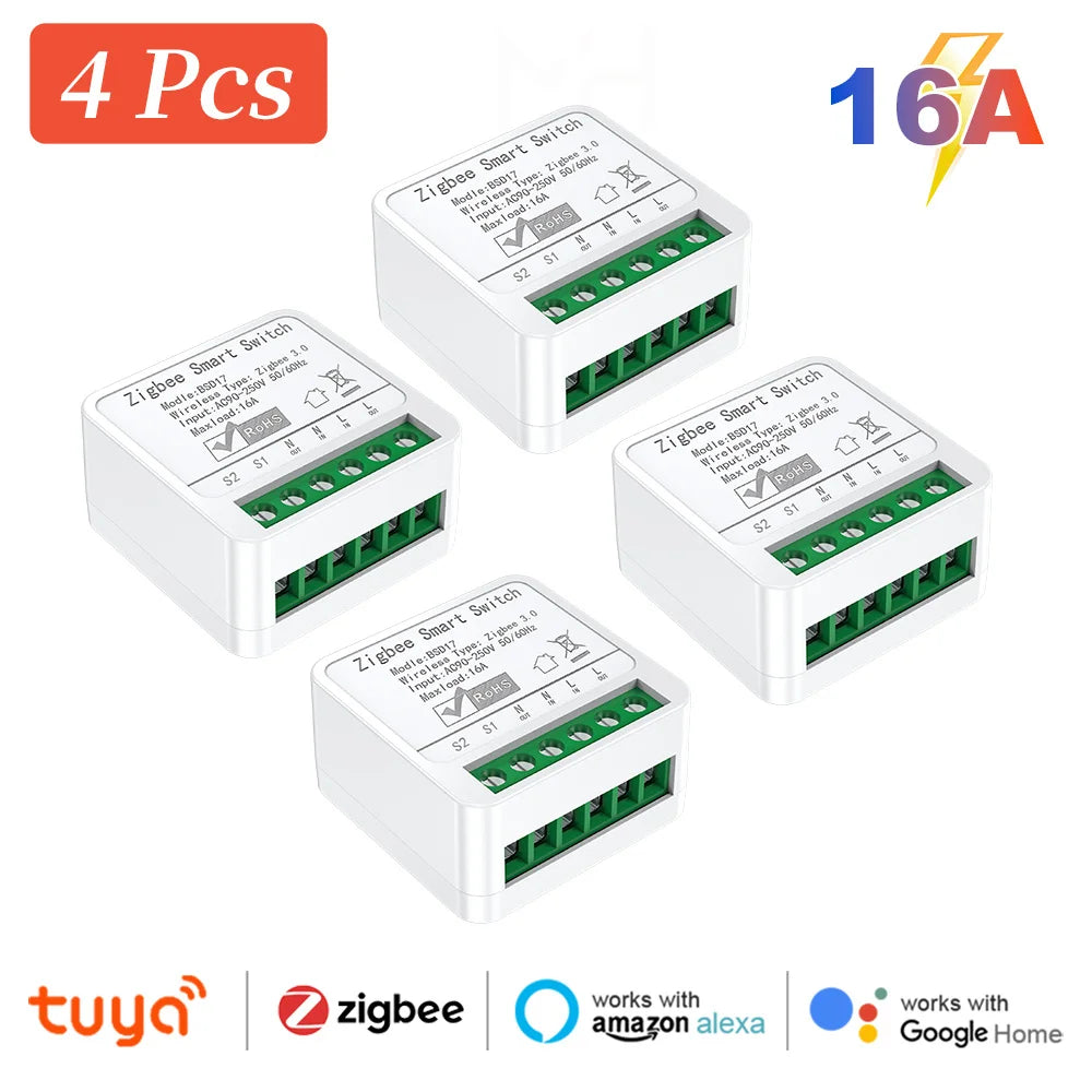 Zigbee2MQTT Zigbee3.0 Mini Smart Light Switch - 2 Way 16A Module, Google Home Compatible Zigbee 4Pcs