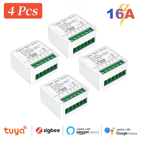 Zigbee2MQTT Zigbee3.0 Mini Smart Light Switch - 2 Way 16A Module, Google Home Compatible Zigbee 4Pcs