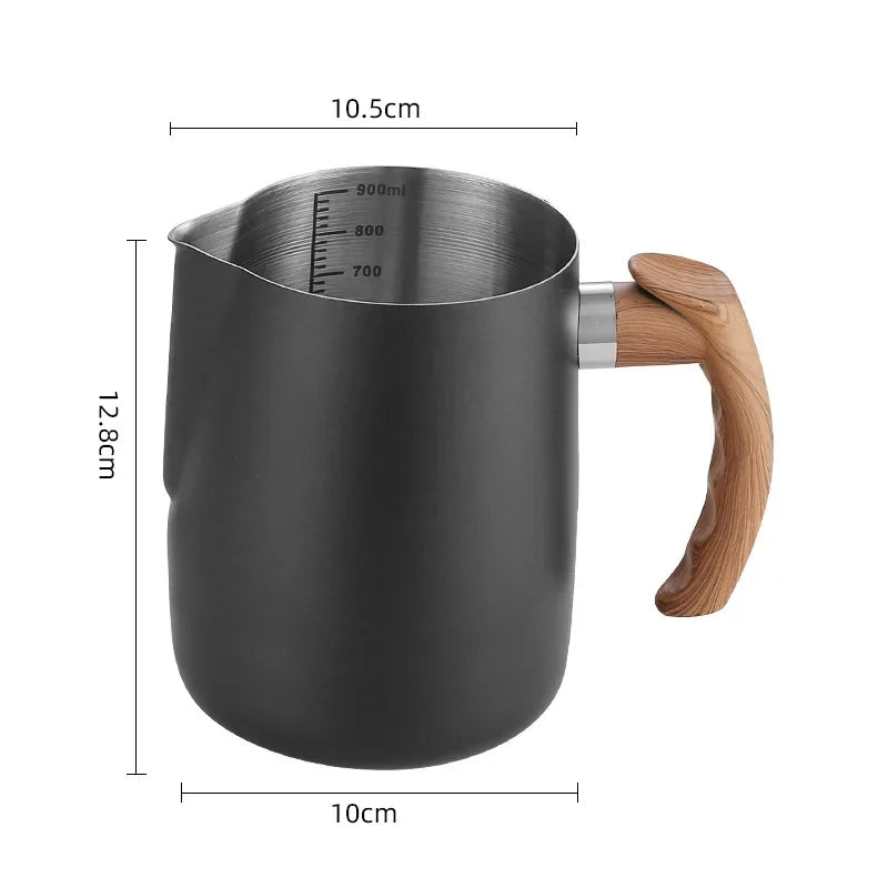 304 Stainless Steel Coffee Milk Frothing Pitcher &ndash; Precise Scale with Wooden Handle Black 900ML