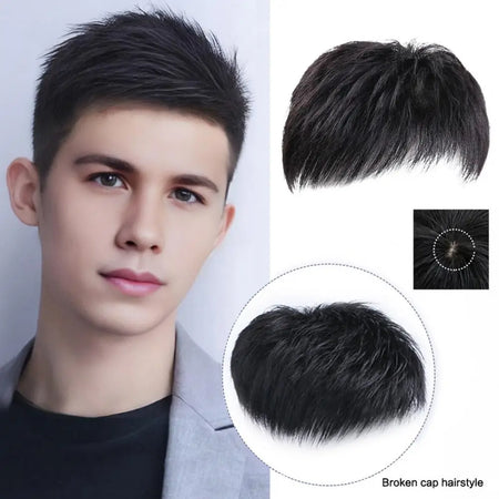 Men's Short Straight Hairpiece with Bangs for Gray Hair Coverage