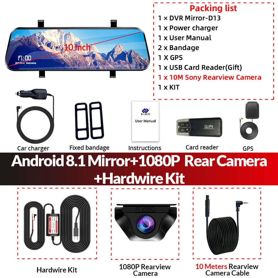 AEECO 4G Car DVR Mirror - 1080P Dual Lens Night Vision D13-10M RCC-KIT / None