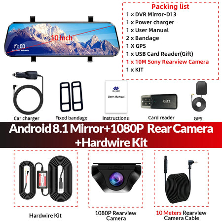 AEECO 4G Car DVR Mirror - 1080P Dual Lens Night Vision D13-10M RCC-KIT / None