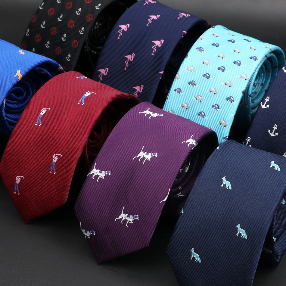 Stylish Jacquard Slim Necktie for Men with Car, Dog, and Monkey Patterns