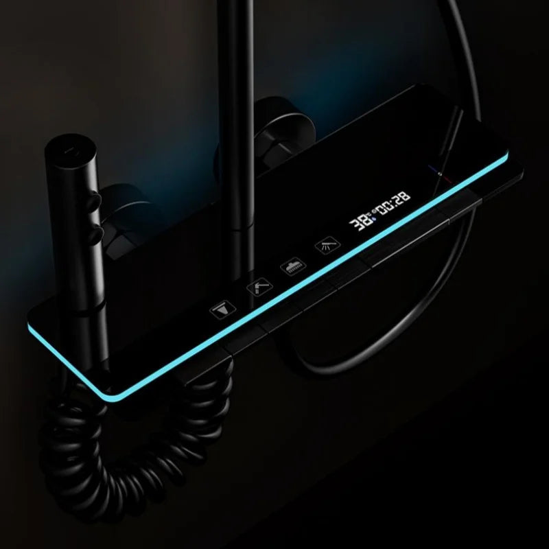 Polished Stainless Steel Shower Set with Ambient Light, Digital Display and Modern Square Faucet