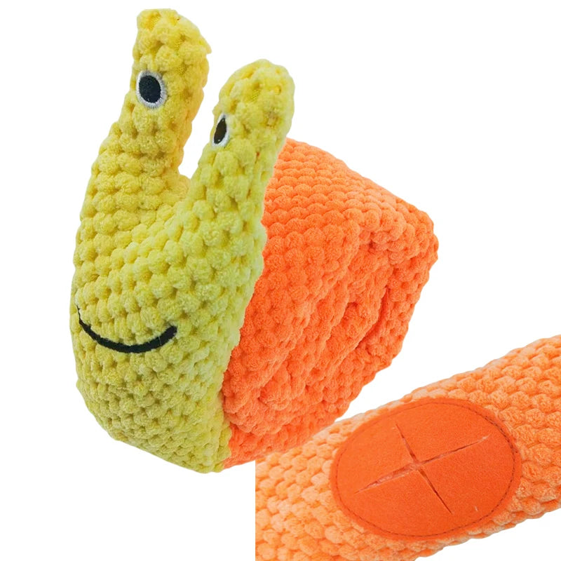 Interactive Plush Dog Puzzle Toy with Sound and Food Hiding Features - Foldable Chew Toy for Puppies and Dogs Orange snail