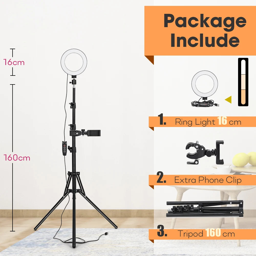 Professional Tripod with LED Ring Light for Phone and Camera 16cmLamp 160cm Stand