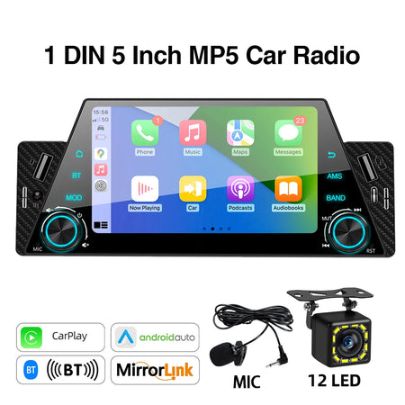 5 Inch MP5 Car Radio 1 Din - CarPlay Android Auto Mirror With MIC12LED