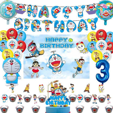 Doraemon Birthday Party Decoration Set with Banner, Cake Topper &amp; Balloons
