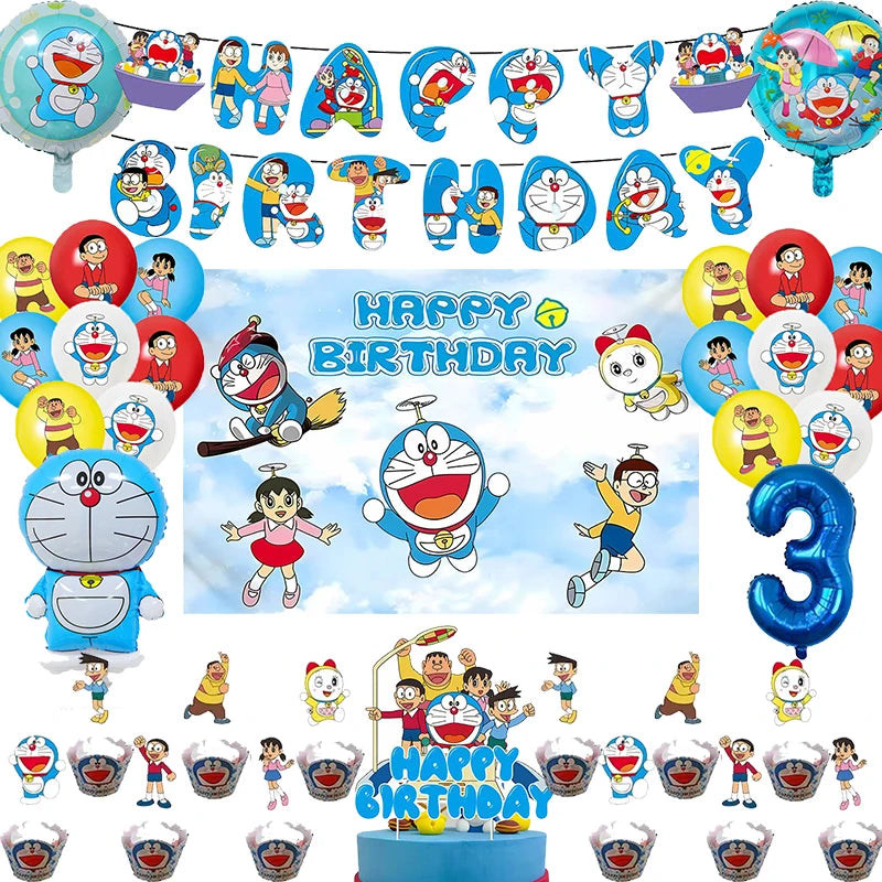 Doraemon Birthday Party Decoration Set with Banner, Cake Topper &amp; Balloons