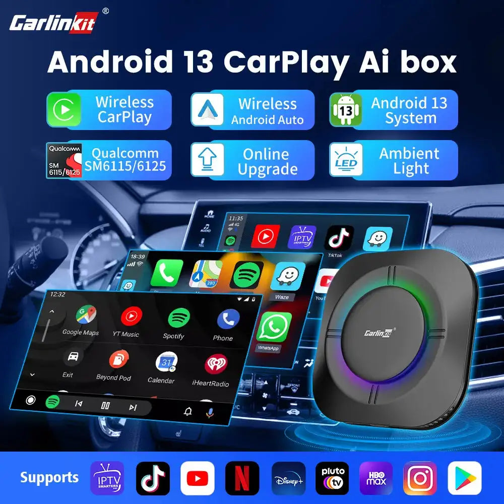 Carlinkit AI Box LED Android 13 Wireless CarPlay Adapter 64G
