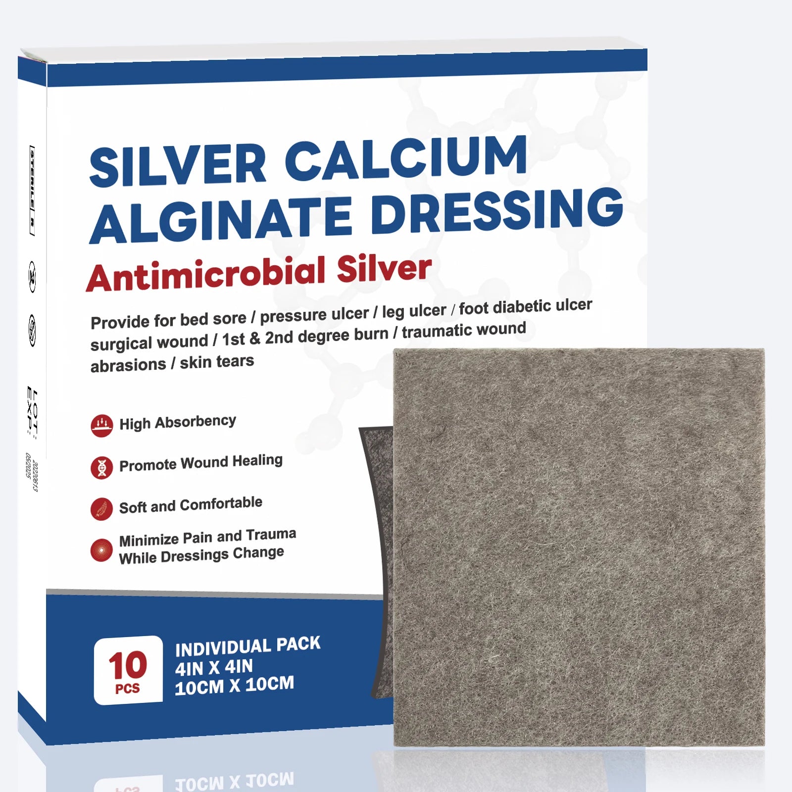 Silver Calcium Alginate Wound Dressing - Sterile Absorbent 4x4in 10pcs