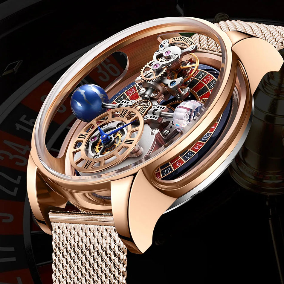 Pánské hodinky Las Vegas Roulette Pindu Design, luxusní Astronomia Quartz, kožený řemínek, pouzdro z nerezové oceli, 40mm ciferník