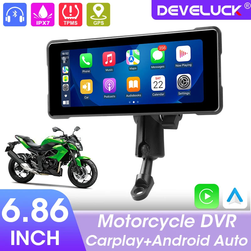 Develuck 6.86 Inch GPS Motorcycle DVR with Waterproof Dual 1080P Front and Rear Cameras, Wireless CarPlay and Android Auto