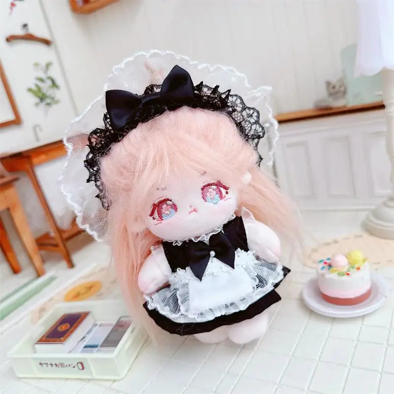 🟠 10cm Mini Kawaii Lolita Black White Maid Φόρεμα κοστούμι βελούδινη κούκλα Χαριτωμένο μαλακό γεμιστό κούκλα βαμβακιού για κορίτσια