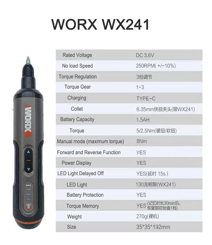 Worx 4V Mini Electric Screwdriver Set with USB Rechargeable Feature WX241