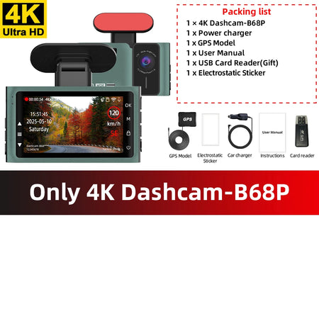 4K Dual Dash Cam WiFi And GPS - Front 4K Rear 2.5K Night Only 4K Dashcam-B68P / 256G