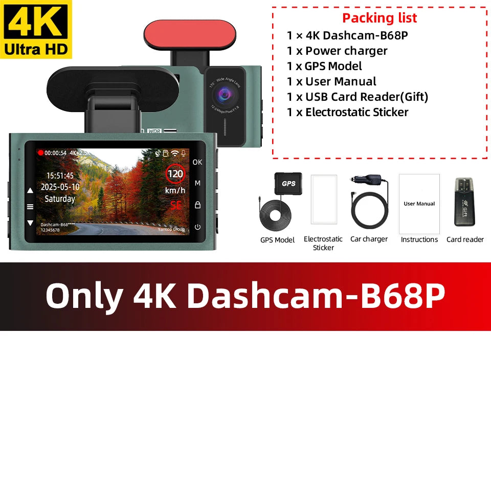 ACCEO 4K Dashcam - Front 4K Rear 2.5K Night Vision GPS Only 4K Dashcam-B68P / None