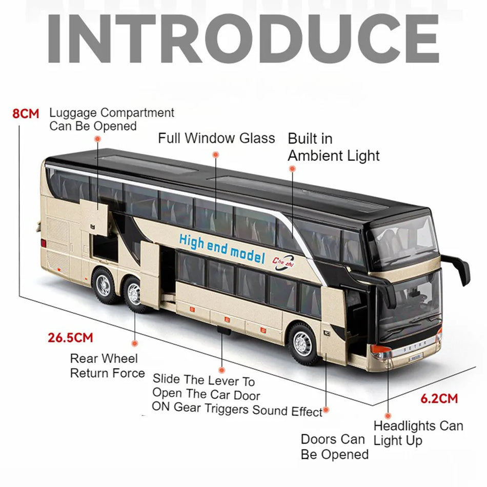 Diecast 1:30 mēroga divstāvu autobusa modelis ar skaņu un gaismu, ar atpakaļejošu vilkšanu.