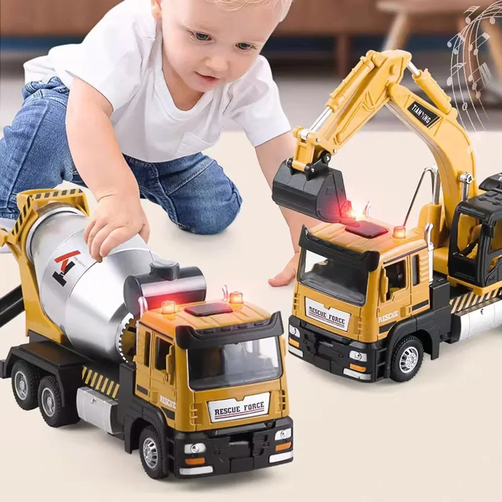 1/32 Excavator Blender Truck Model Car Toys Alloy Diecast Engineering Vehicle Rubber Tire Sound Light Pull Back Toy Gift for Kid