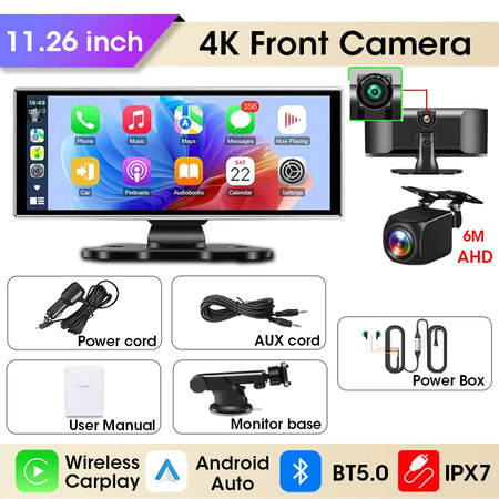 11.26 Inch Dash Cam 4K Car DVR &ndash; Wireless Carplay and Android Auto with Dual Lens and GPS Navigation 4K DVR Buck 6m Cam / With 32G TF Card