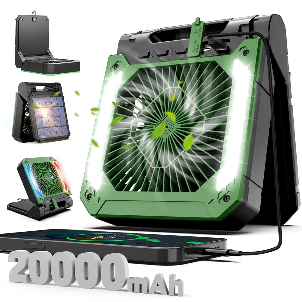 20000mAh Portable Fan With LED Light - USB Charging Green and Black