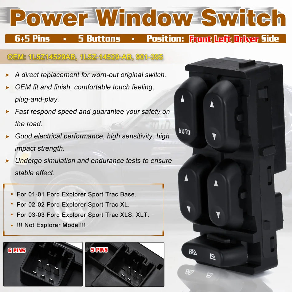 Interruptor Mestre da Janela Elétrica para Ford Explorer Sport Trac 2001-2003, Consola do Condutor com 5 Botões