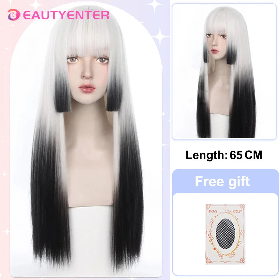 BeautyEnter Pink Long Straight Wig with Bangs for Cosplay and Daily Use