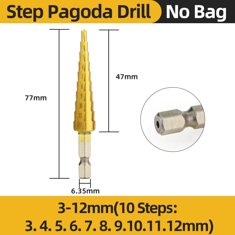 HSS Titanium Step Drill Bit Set for Metal &amp; Wood - High-Speed Steel, 4-12mm, 4-20mm, 4-32mm 3-12