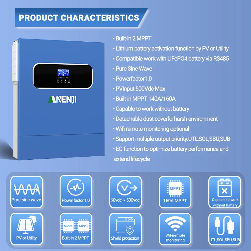 Hybrid Solar Inverter 11kW 48V With 2 MPPT Built In WiFi BMS Ready LiFePO4 Ready 220V Dual Output