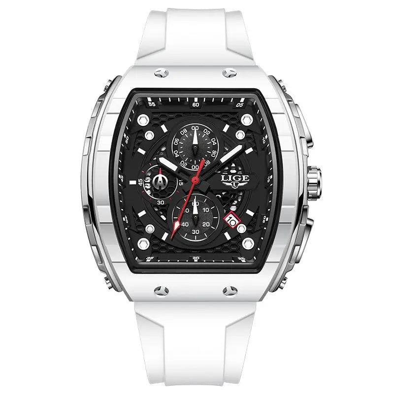 LIGE Luxury Square Casual Quartz Watch - 50M Waterproof Chronograph White