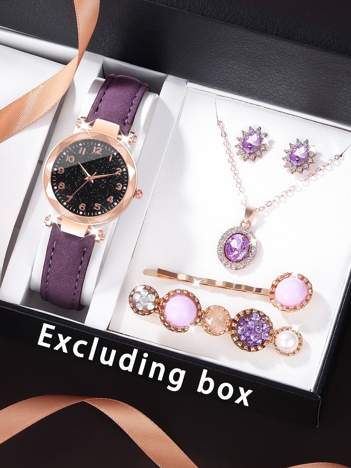 Purple Five-Pointed Star Quartz Watch &amp; Hollow Necklace Set Purple 5