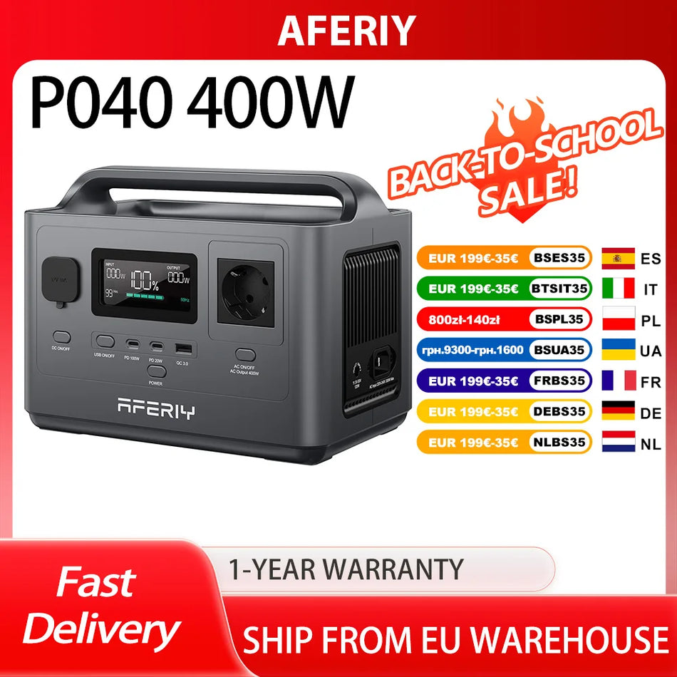 AFERIY P040 Portable Power Station 400W 256Wh Outdoor Generator LiFePO4 Battery With 5 Outputs Fast Charge