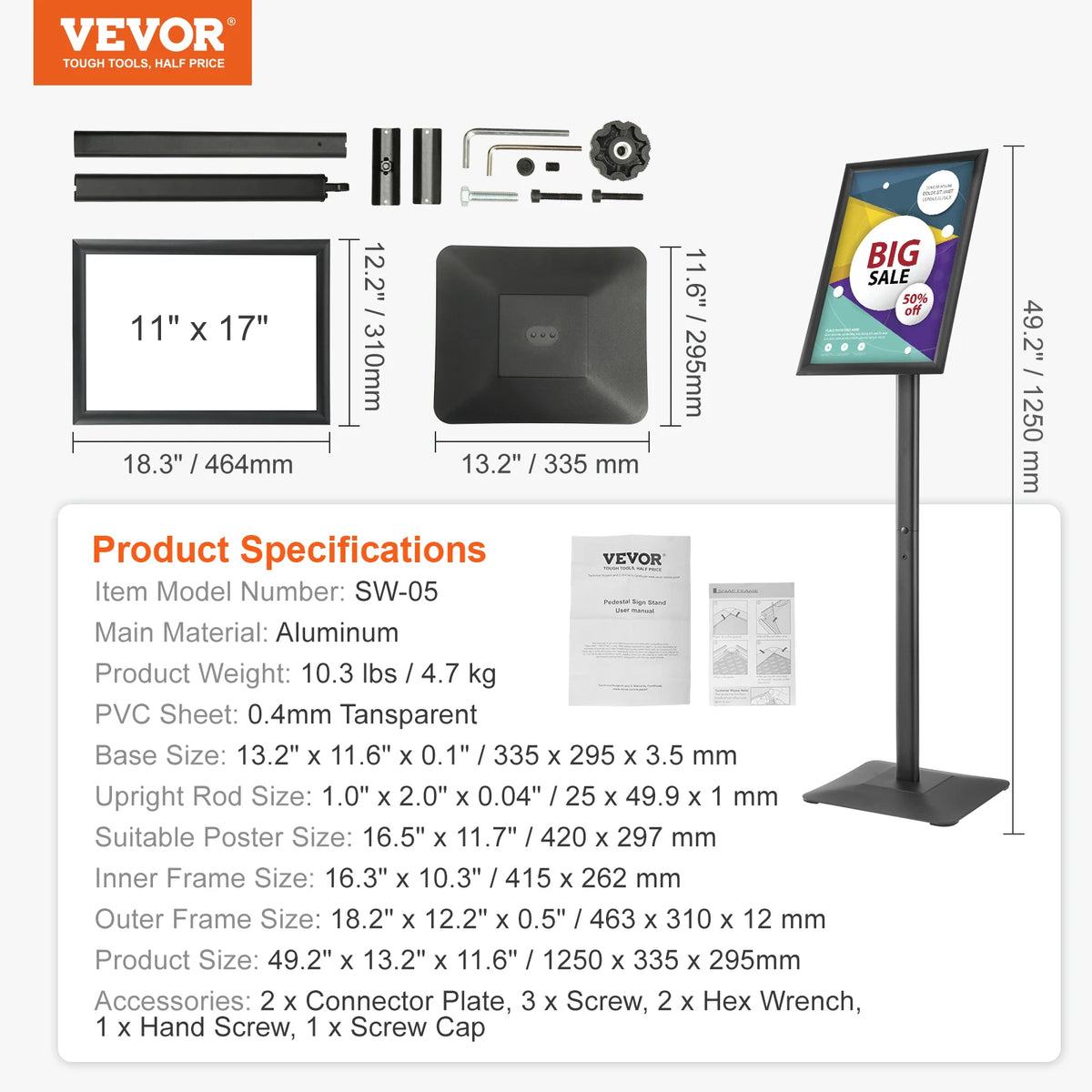 Vevor SW-05 Pedestal Sign Holder &ndash; Portrait or Landscape 11x17in / UNITED KINGDOM