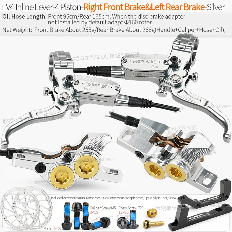 Frog Wake MTB Hydraulic Disc Brake Kit - 4 Piston Superior Stopping Power RF-LR Silver