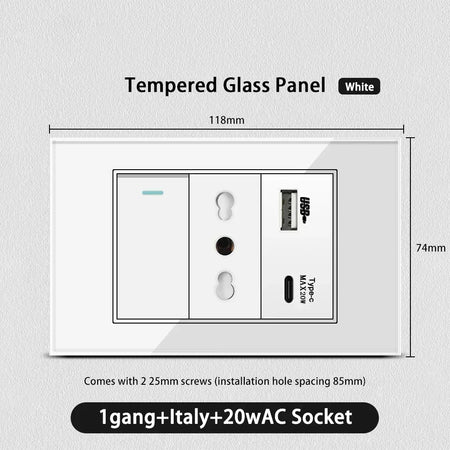 White Glass USB TypeC Wall Socket &ndash; Smart WiFi Switch Glass White / 1gang Italy 20w AC