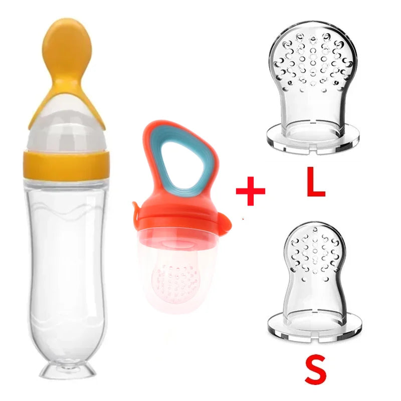 Safe Silicone Baby Feeding Spoon Bottle and Fruit Feeder Kit Yellow 4Pcs Set C