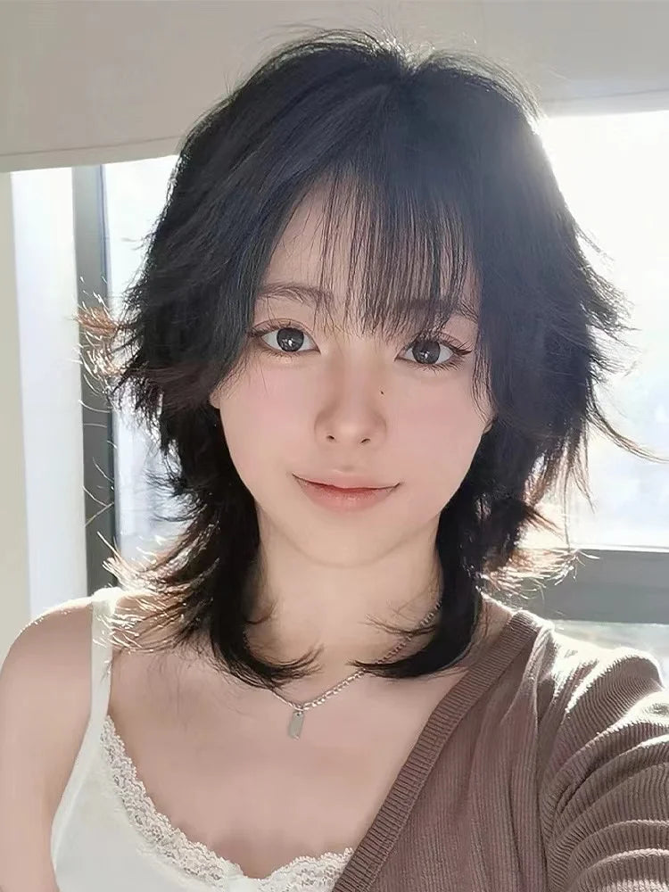 Short Mullet Wig with Bangs - Synthetic Straight Hair for Cosplay and Daily Use