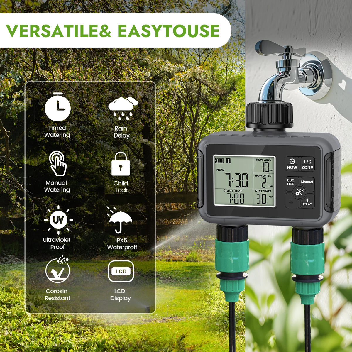 Dual Zone Smart LCD Garden Watering Timer &ndash; Rain Delay Ready
