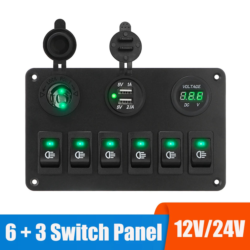 24V 12V Spínačový panel se 6 tlačítky a USB nabíječkami pro auto, loď, obytný vůz, karavan