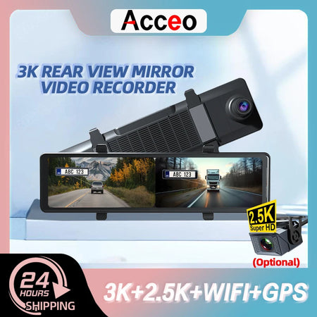 Acceo Car DVR 3K Rear View Mirror - 2.5K Dual Lens GPS