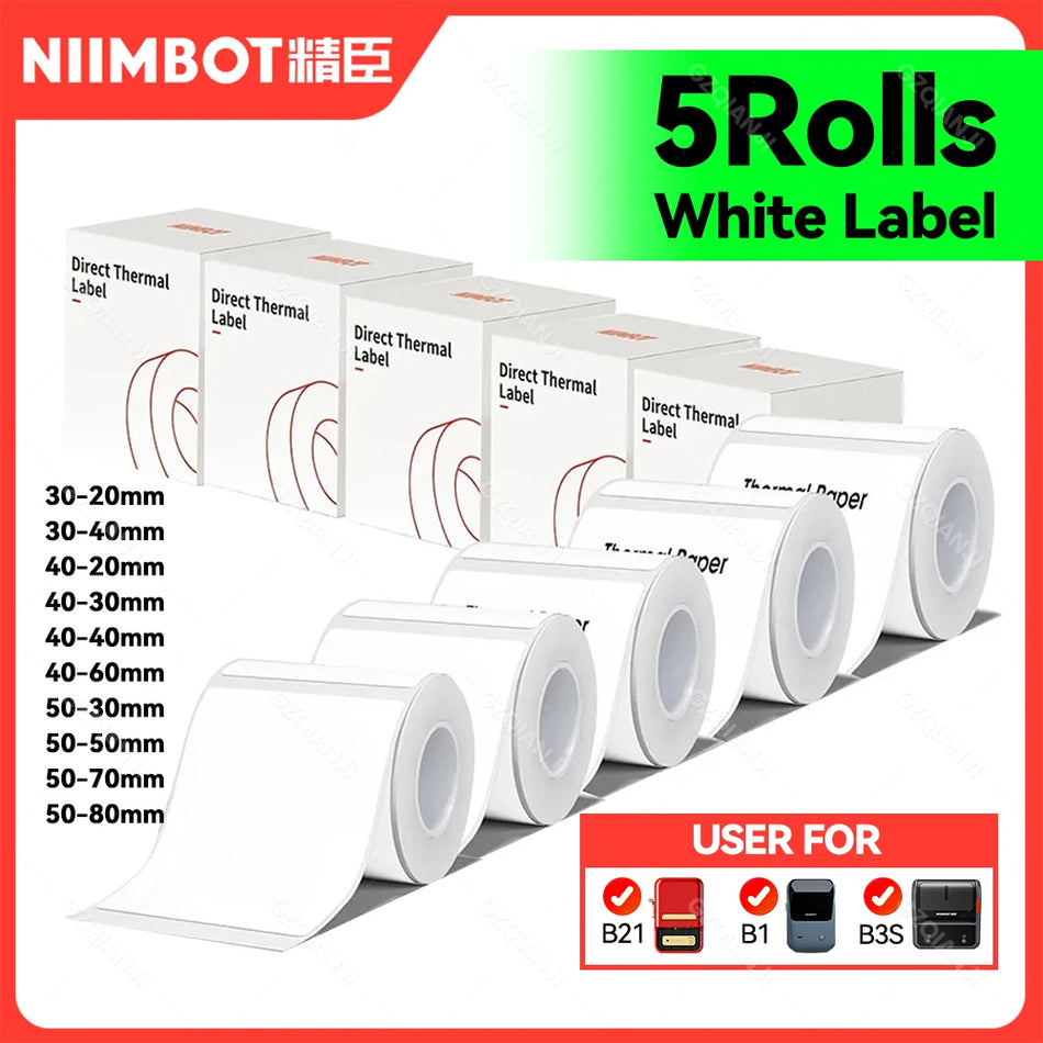 5 ruļļi ūdensizturīgas baltas termālās etiķetes papīra 30-50mm Niimbot B1 B21 B203 B3S.