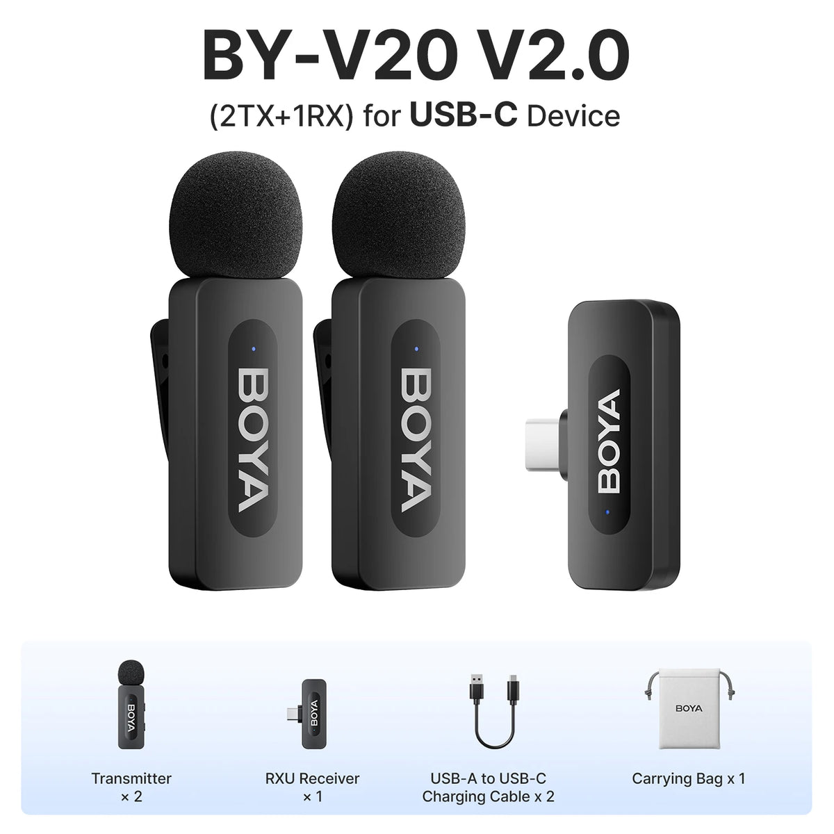 BOYA BY-V3 Wireless Lavalier Microphone with Noise-Cancelling for Superior Audio Recording BY-V20 2.0--Type-c
