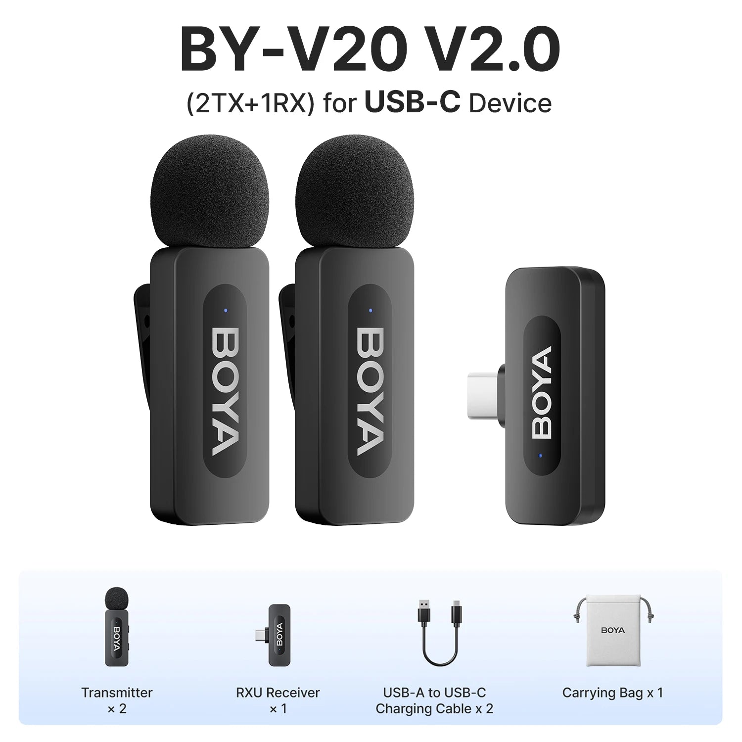 BOYA BY-V3 Wireless Lavalier Microphone with Noise-Cancelling for Superior Audio Recording BY-V20 2.0--Type-c