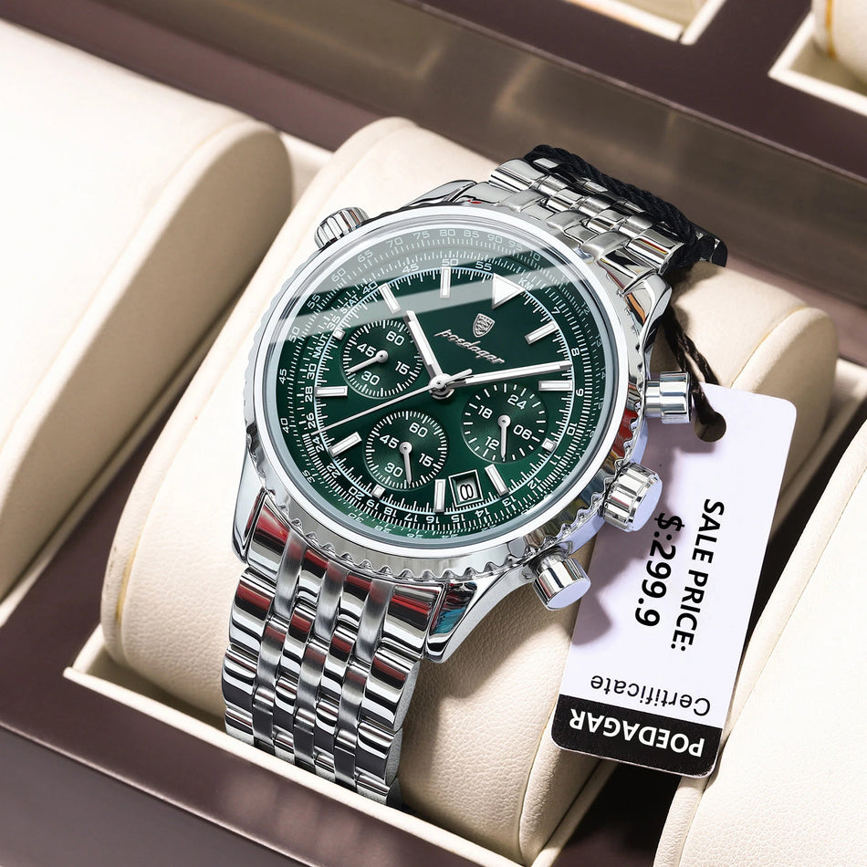 Orologio da uomo POEDAGAR con cronografo luminoso e data, impermeabile in acciaio inossidabile
