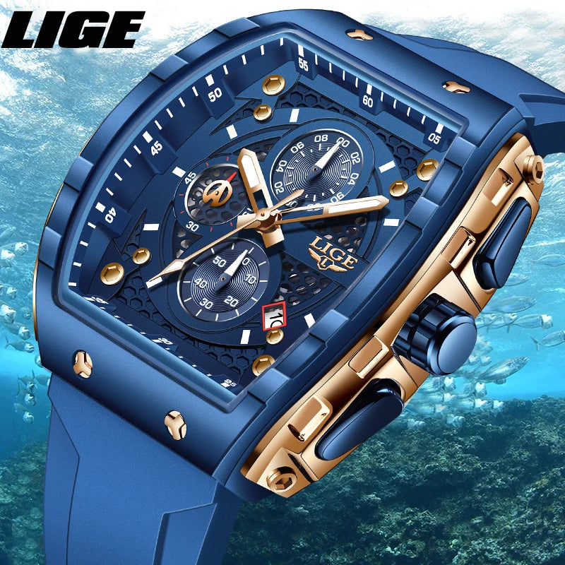 LIGE Luxury Square Casual Quartz Watch - 50M Waterproof Chronograph