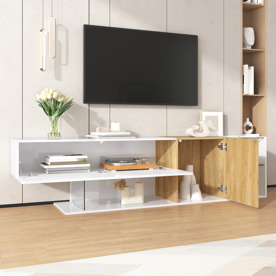 Moderno Mueble de Televisión Blanco Brillante con Estantes de Vidrio de Madera 180cm