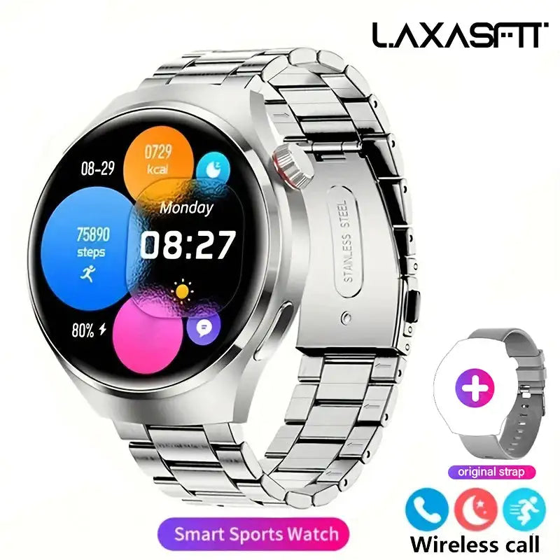 LAXASFIT 2025 Smartwatch HD Screen Heart Rate Bluetooth NFC Silvery Steel Strip