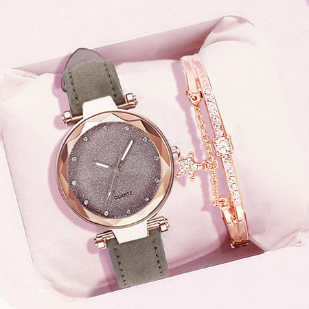 Romantic Starry Sky Leather Bracelet Watch for Women Gray Bracelet